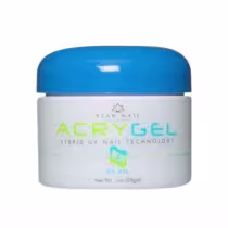 Gel acrílico híbrido para unhas. A embalagem é um pote branco com uma tampa azul arredondada. O rótulo do produto exibe o nome "ACRYGEL" em letras verdes e amarelas, juntamente com a descrição "Hybrid UV Nail Technology" em letras menores.