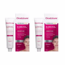 Dois tubos de gel creme facial antissínais diurno Cicatricure FPS30, com ação antipoluição, redução de rugas profundas e proteção UV. Embalagem em caixa rosa com detalhes em branco e texto informativo sobre os benefícios do produto.