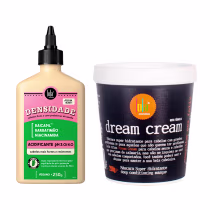 A imagem mostra 2 produtos de Lola From Rio, um acidificante de frasco retangular com tampa em formato de bico dosador e um pote redondo de máscara capilar.