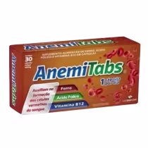 Caixa de suplemento alimentar chamado Anemitabs. O rótulo indica que é um suplemento para auxiliar na formação das células vermelhas do sangue.