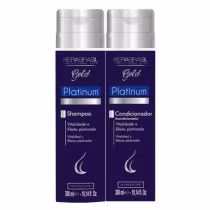 Kit com shampoo, condicionador e máscara Platinum Cabelos Loiros Brilho Intenso, da marca Kerabrasil.