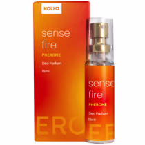 Frasco de deo parfum Kalya Sense Fire de 15ml, com embalagem laranja e vermelha destacando o nome do produto e a palavra "Pherome".