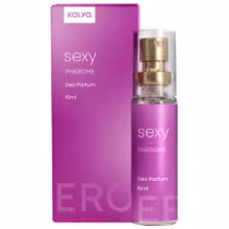 Produto de beleza da marca Kalya, um desodorante perfumado com fragrância "Sexy Pherome" em embalagem de frasco de 15ml com rótulo e caixa de cor rosa.