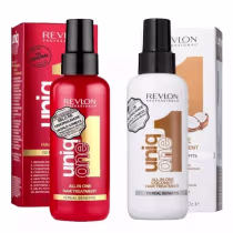 A imagem mostra dois produtos de tratamento capilar da marca Revlon Professional. À esquerda, um leave-in o "Uniq One All in One Hair Treatment". À direita, leave-in com o rótulo "All in One Coconut Hair Treatment" e detalhes em marrom claro.