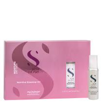 Caixa rosa com logotipo da Alfaparf Milano contendo frascos de ampola da linha Semi di Lino Moisture Nutritive Essential Oil