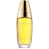 Perfume em frasco de vidro transparente com líquido amarelo. A embalagem é alongada com detalhes dourados metálicos. O rótulo frontal exibe o nome "Beautiful" em letras maiúsculas douradas, seguido pelo nome da marca "Estée Lauder".