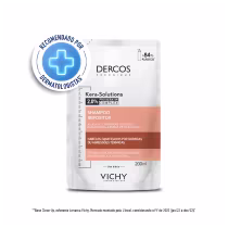 Frasco de shampoo repositor da marca Dercos Technique da Vichy, com 200ml de volume, contendo 2,0% de complexo de pró-queratina. Embalagem refil