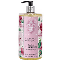 Gel de banho em frasco transparente com bomba doseadora preta. Embalagem retangular com líquido amarelo claro. Rótulo rosa com ilustrações de rosas vermelhas e folhas verdes.