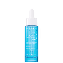 Frasco de sérum hidratante Hydrabio Hyalu+ da Bioderma, com 30 ml de volume, em embalagem de vidro transparente com rótulo azul e branco destacando os ingredientes de ácido hialurônico e glicerina.