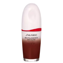 Base facial da marca Shiseido., Embalagem em forma de frasco plástico oval com uma faixa vermelha na parte superior. Rótulo indicando "Revitalessence Skin Glow Foundation" em letras pretas.
