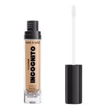 A imagem mostra um corretivo líquido da marca de cosméticos Wet n Wild chamado "Incognito". O produto é descrito como "Cobertura Total o Dia Todo" e apresenta um aplicador em forma de pincel integrado à embalagem.