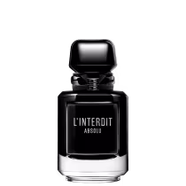 A imagem mostra o frasco do perfume L'Interdit Absolu. É um frasco de vidro preto reluzente, como uma joia, quadrado angulado com detalhes em prata na parte inferior e superior. A tampa do frasco é preta e retangular angulada.