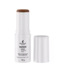 Produto em bastão branco com descrições em letra cinza na base da embalagem. Está destampado, é possível ver a cor. A tampa está ao lado.