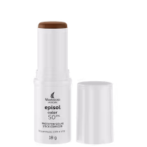 Produto em bastão branco com descrições em letra cinza na base da embalagem. Está destampado, é possível ver a cor. A tampa está ao lado.