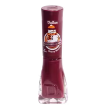 Esmalte cremoso da marca Dailus, cor Cherry Mocha. O frasco é pautado por tons de vinho, contendo um boneco de neve no rótulo de sua tampa.