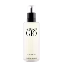 A imagem mostra o refil do perfume Acqua Di Giò Eau de Toilette. Seu frasco é cilíndrico, transparente com detalhes em preto. Na sua parte superior apresenta um bico dosador para preencher o frasco do perfume com segurança e sem desperdício.