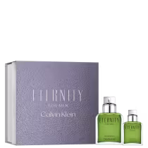 Inclui um frasco maior de eau de parfum e um frasco menor, ambos de vidro transparente com líquido verde. Ambos têm tampas metálicas prateadas. A embalagem é uma caixa retangular acinzentada, com o nome "Eternity for Men" e o logotipo Calvin Klein.