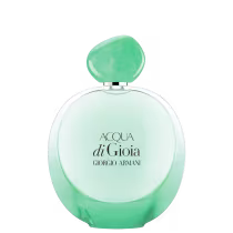 O produto apresentado é um frasco de perfume da linha Acqua di Gioia da Giorgio Armani. O frasco possui um formato arredondado com uma tampa em formato de pedra verde translúcida.