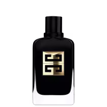 O frasco possui um design elegante e minimalista, com uma cor predominantemente preta e detalhes em dourado. O rótulo exibe o logotipo da marca Givenchy em destaque, com uma composição geométrica em preto e dourado.
