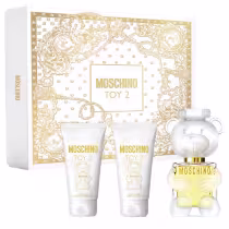Produtos Toy 2 Moschino com perfume, gel de banho e loção corporal