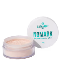 Embalagem branca circular contendo pó para área dos olhos da marca Catharine Hill, chamado "Nomark". Rótulo com nome da marca e produto em letras azuis.