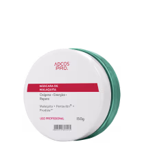 Máscara de malaquita da linha Adcos Pro. Embalagem branca com detalhes em vermelho, contendo 150g do produto. Destaca os benefícios de oxigenar, energizar e reparar os cabelos.