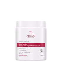Creme de massagem redutor plus da marca Adcos, em embalagem branca com detalhes em vermelho, contendo 500g do produto. Destaca-se a promessa de redução de medidas e celulite, com ingredientes como cafeína pura e neurocafeína.
