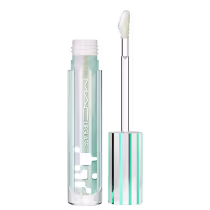 Frasco de vidro transparente com tampa branca contendo um produto de lábios da marca M·A·C, com rótulo em letras brancas e detalhes em tons de azul e verde.