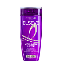 Frasco de shampoo Elseve Collagen Lifter, com embalagem roxa e detalhes em dourado, contendo 200 ml do produto. O rótulo destaca os benefícios do colágeno para cabelos affinados e sem volume.