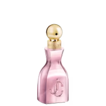 Frasco de perfume rosa da marca Jimmy Choo, com tampa dourada em formato esférico. O rótulo exibe o logotipo da marca em dourado.