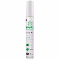 Gel corporal aromático quente da linha Orale Hot da marca Santo Cosméticos. Embalagem em frasco plástico cilíndrico branco opaco de 30ml. Rótulo com o logotipo da marca e ícones indicando que é um produto quente e vegano.