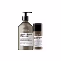 A imagem mostra um kit contendo um shampoo e um leave-in, todos da linha Absolut Repair Molecular de L'Oréal Professionnel. Possuem o frasco com a cor marrom e tampa preta.