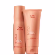 Dois frascos de produtos Wella Professionals Invigo Nutri-Enrich, com embalagens de cor laranja e rótulos com o logotipo da marca. Um frasco maior de 250ml e um menor de 200ml, contendo condicionador e shampoo para nutrição do cabelo.