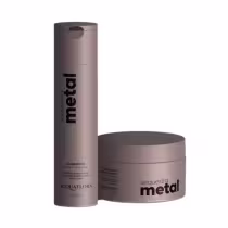 Dois produtos da marca Acquaflora: um frasco de shampoo e um pote de tratamento para cabelos, ambos em tons de cinza e com rótulos em preto e branco.