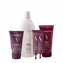 Conjunto de produtos Senscience, incluindo shampoo e máscara Renewal, ampolas CPR e leave-in Moisture, em embalagem roxa.
