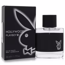 Frasco de perfume da marca Playboy, com embalagem preta e branca contendo o logotipo da marca. O produto é apresentado em um frasco de vidro transparente com tampa preta.