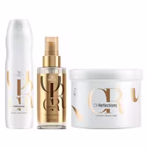 Conjunto de produtos Wella Professionals Oil Reflections, incluindo shampoo, óleo alisante e máscara, em embalagens brancas e douradas com detalhes em dourado.