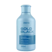 Frasco azul claro da linha Gold Black da Amend Cosméticos, contendo 300ml de Emulsão Neutralizante, com fórmula vegana e uso profissional.
