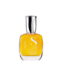 Frasco do óleo da linha Semi di Lino da Alfaparf Milano, com design elegante em vidro transparente e tampa metálica. O rótulo apresenta o nome da linha em letras brancas sobre fundo amarelo.