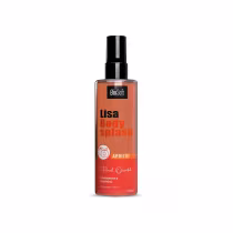Frasco de corpo com pulverizador da marca BioSoft, na cor laranja, com rótulo indicando "Lisa Body Splash" e "Apricot" como fragrância. O produto é descrito como "Floral Oriental" e "Envolvente e Feminino".
