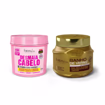 Dois produtos da marca Forever Liss Professional: um pote rosa de máscara capilar Desmaia Cabelo e um pote dourado de Banho de Verniz, ambos com rótulos e embalagens característicos da marca.