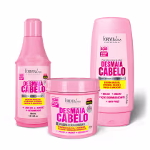 Produtos da linha Desmaia Cabelo da marca Forever Liss Professional, incluindo shampoo, máscara e condicionador ultra hidratantes em embalagens rosa com detalhes em amarelo, contendo informações sobre os ingredientes e benefícios.