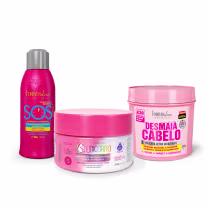 Produtos de cabelo da marca Forever Liss Professional, incluindo um frasco rosa de tratamento SOS, um pote rosa de máscara de nutrição intensa e um pote rosa de máscara ultra hidratante Desmaia Cabelo.