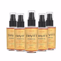 Cinco frascos de óleo capilar da marca Itallian Professional, com embalagens pretas e laranja, contendo 30ml cada. Os rótulos indicam os produtos "Trivitt Power Oil"