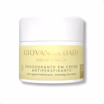 Desodorante em creme antitranspirante Giovanna Baby Dolce Vanilla, com manteiga de karité, em embalagem branca e amarela com rótulo destacado.