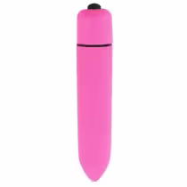 Vibrador rosa em formato cilíndrico com botão preto na extremidade superior. Embalagem compacta e discreta