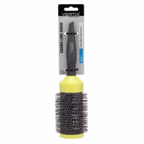 Escova de volume verde e preta da marca Vertix, com cabo plástico e cerdas metálicas, embalada em cartão preto com informações sobre o produto.