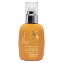 Frasco de 125 ml de leave-in protetor para cabelos da linha Sun Exposed Hair da Alfaparf Milano, com embalagem de vidro transparente e rótulo laranja com detalhes em preto e prata.