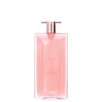 Frasco de perfume Idôle Lancôme de cor rosa claro, com tampa e corpo em formato retangular. Rótulo com nome da marca e informações do produto visíveis.