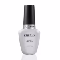 Top coat (cobertura) da marca Cuccio Brasil. O frasco é de cor branca com um rótulo preto contendo o nome da marca e o nome do produto "Matte Top Coat". O frasco possui um design simples e elegante, com uma tampa preta.